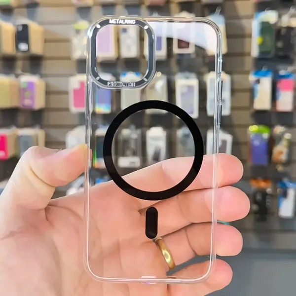 Capinha transparente com anel MagSafe preto para iPhone