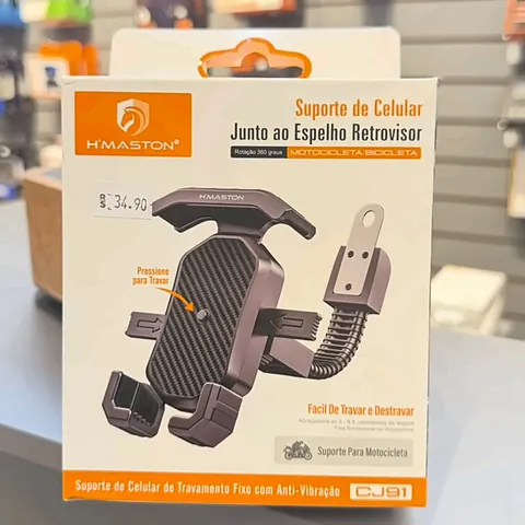 Suporte de celular para moto fixado no retrovisor